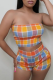 Colour Casual Plaid Patchwork Strapless Sleeveless Two Pieces