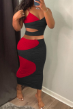 Rose Red Sexy Color Block Hollowed Out Spaghetti Strap Sleeveless Two Pieces