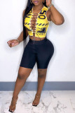 Yellow Sexy Print Bandage Hollowed Out Asymmetrical O Neck Sleeveless Two Pieces
