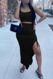 Rose Red Sexy Casual Solid Slit Spaghetti Strap Sleeveless Two Pieces