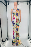 Beige Fashion Sexy Butterfly Print Hollowed Out O Neck Sleeveless Dress