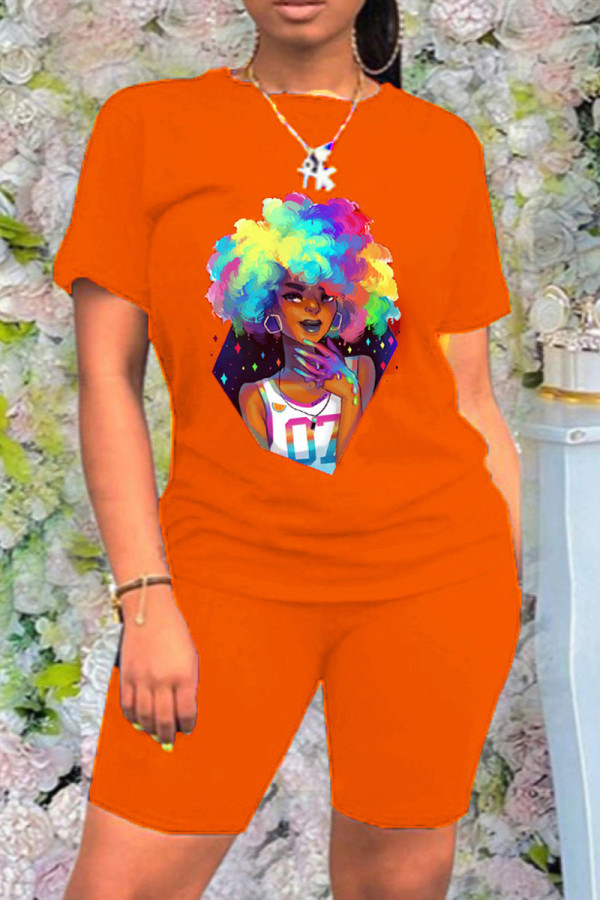 Orange Fashion Casual Print Basic O Neck Short Sleeve Two Pieces
