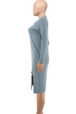 Pink Fashion Casual Solid Slit Turndown Collar Long Sleeve Dresses