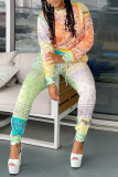 Orange Fashion Casual Irregular Print Patchwork Zipper O Neck Short Sleeve Two Pieces