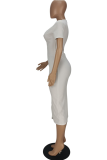 White Sexy Solid Buckle V Neck Pencil Skirt Dresses