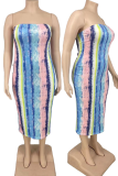 Blue Sexy Print Split Joint Strapless Pencil Skirt Plus Size Dresses