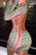 Green Sexy Print Hollowed Out Half A Turtleneck Pencil Skirt Dresses