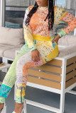 Orange Fashion Casual Irregular Print Patchwork Zipper O Neck Short Sleeve Two Pieces