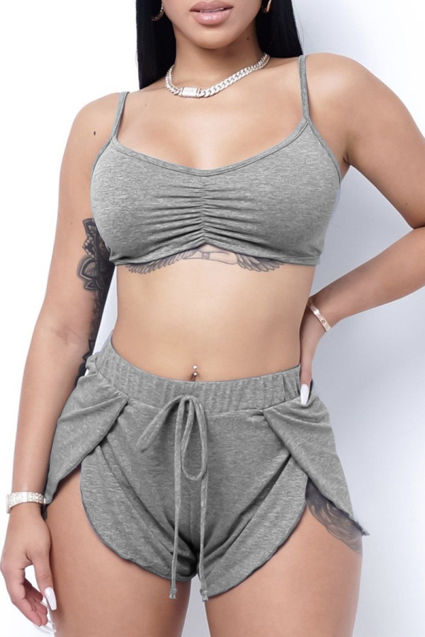 Grey Sexy Casual Solid Backless Spaghetti Strap Sleeveless Two Pieces