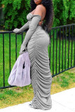 Grey Fashion Sexy Solid Backless Fold Off the Shoulder Long Sleeve Two Pieces