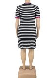 Purple Fashion Casual Plus Size Striped Print Patchwork O Neck Short Sleeve Dress