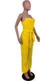 Yellow Sexy Casual Solid Bandage Spaghetti Strap Regular Jumpsuits