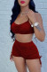 Burgundy Casual Solid Draw String Fold Spaghetti Strap Two Pieces