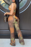 Leopard Print Sexy Patchwork Tie-dye Mesh Oblique Collar Boot Cut Jumpsuits