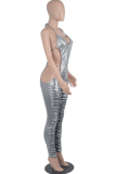Blue Sexy Solid Hollowed Out Halter Skinny Jumpsuits