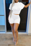 White Casual Solid Patchwork O Neck Short Sleeve Two Pieces