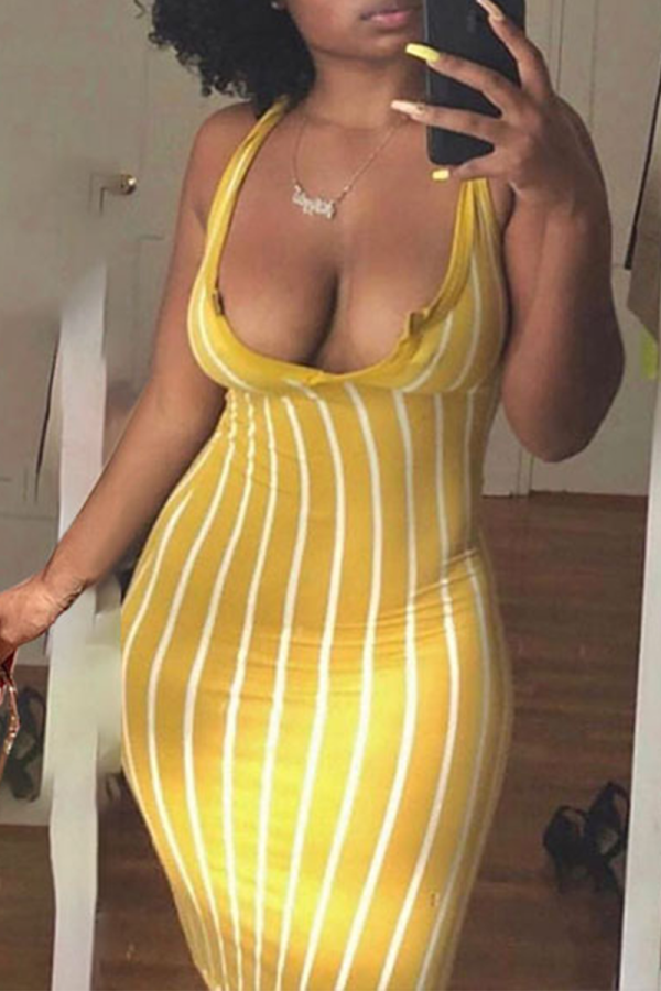 Yellow Sexy Print Patchwork U Neck Pencil Skirt Dresses