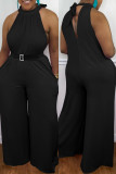 Light Purple Fashion Casual Solid Hollowed Out Without Belt O Neck Regular Jumpsuits