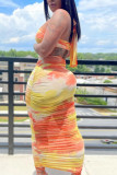 Orange Yellow Sexy Print Bandage Hollowed Out Patchwork Halter Pencil Skirt Dresses