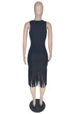 White Fashion Sexy Solid Tassel Hollowed Out O Neck Vest Dress