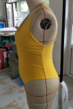 Yellow Sexy Solid Split Joint Backless V Neck Plus Size Swimwear