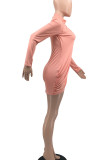 Pink Sexy Solid Patchwork Fold Asymmetrical Half A Turtleneck Irregular Dress Dresses