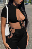 Red Fashion Sexy Solid Bandage Hollowed Out Half A Turtleneck Short Sleeve Two Pieces