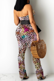 Red Sexy Print Patchwork Strapless Boot Cut Jumpsuits
