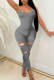 Grey Sexy Solid Ripped Split Joint Spaghetti Strap Skinny Jumpsuits