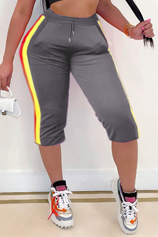 Grey Casual Striped Patchwork Skinny High Waist Pencil Solid Color Bottoms