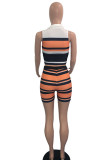 Orange Fashion Casual Striped Print Basic Turndown Collar Sleeveless Two Pieces