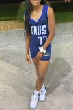 Deep Blue Casual Sportswear Letter Print Patchwork V Neck Vest Dress