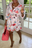 Pink Casual Print Patchwork Turndown Collar Shirt Dress Dresses