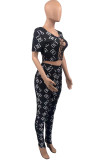 Black Fashion Sexy Print Hollowed Out V Neck Short Sleeve Two Pieces