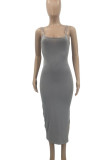 Grey Sexy Solid High Opening Spaghetti Strap Pencil Skirt Dresses