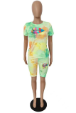 Pink Casual Patchwork Tie-dye O Neck Short Sleeve Two Pieces