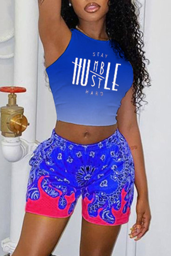 Blue Casual Print Patchwork O Neck Sleeveless Two Pieces
