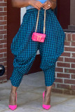Dark Blue Fashion Casual Plaid Print Regular High Waist Trousers