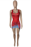 Red Sexy Casual Print Basic U Neck Vest Dress