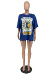 Blue Fashion Casual Print Hollowed Out O Neck T-Shirts
