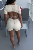 Apricot Sexy Casual Solid Backless V Neck Short Sleeve Two Pieces