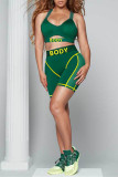 Green Casual Sportswear Letter Print Hollowed Out V Neck Sleeveless Two Pieces