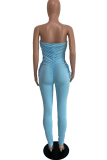 Blue Sexy Solid Patchwork Strapless Skinny Jumpsuits