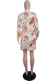 Multicolor Fashion Casual Print Without Waist Chain Turndown Collar Shirt Dress