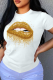 White Casual Print Patchwork O Neck T-Shirts