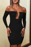 Red Sexy Solid Hollowed Out Backless Off the Shoulder Long Sleeve Dresses