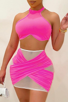 Pink Sexy Solid Mesh Halter Sleeveless Two Pieces