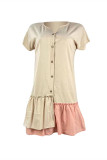 Apricot Fashion Casual Patchwork Buckle V Neck Short Sleeve Dress