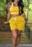 Yellow Casual Sportswear Solid Vests U Neck Sleeveless Two Pieces