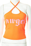 Tangerine Sexy Print Patchwork Frenulum Halter Tops